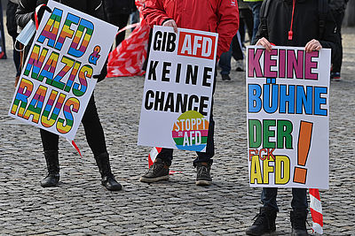 Foto: Teilnehmer einer Demonstration gegen die AfD halten Schilder